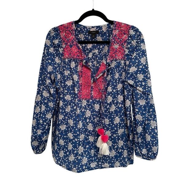 J. Crew blue with pink accents blouse - Picture 1 of 7